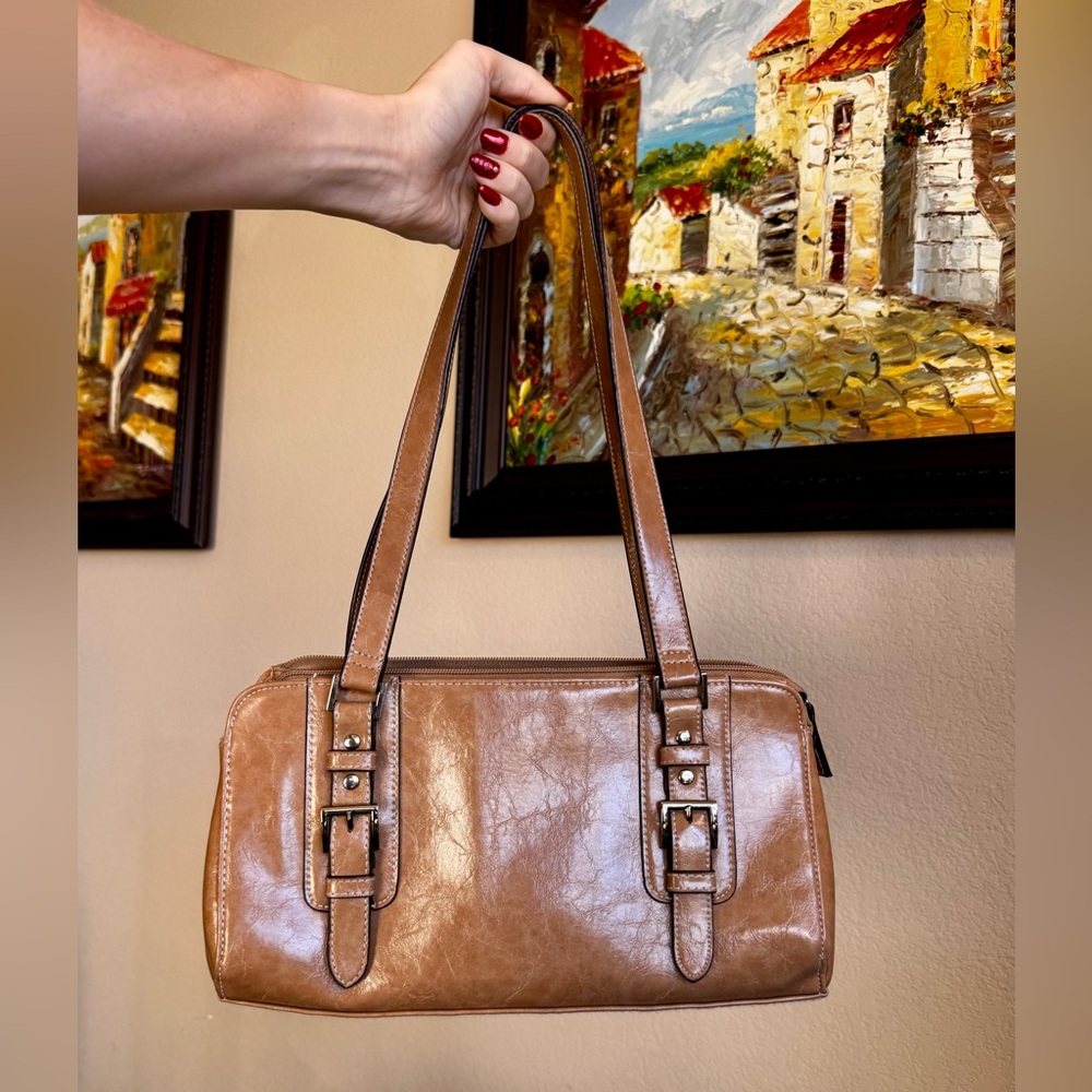 Tan Light Brown Long Shoulder Strap Handbag Purse Faux Leather Silver